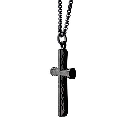 INOX Men's Steel Black Carbon Graphite Sepulchre Genuine Ebony Wood Inlayed Cross Pendant.