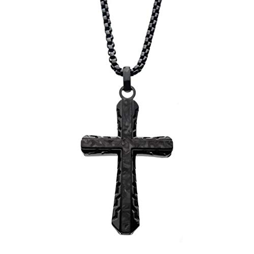 INOX Men's Steel Black Carbon Graphite Sepulchre Genuine Ebony Wood Inlayed Cross Pendant.