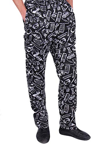 Insun Hombre Pantalones de Cocinero Pantalón Elástico para Chef Cocinero Trabajo Pantalones Negro Utensilios de Cocina 42