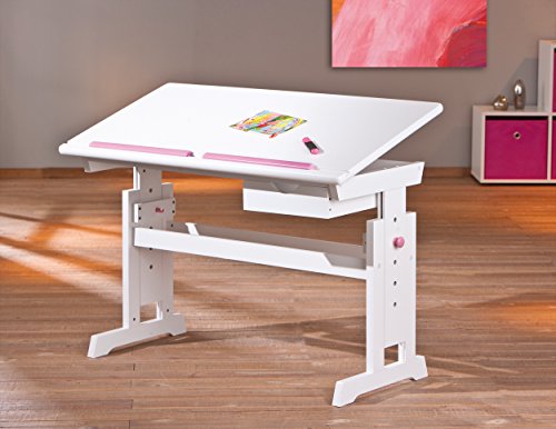 Inter Link 40100500 Baru - Escritorio Infantil (Tablero de Madera, Altura e Inclinación Regulables, 1 Cajón, 109 x 63-96 x 55 cm), Modelo Surtido - Accesorios en Color Blanco, Rosa y Azul