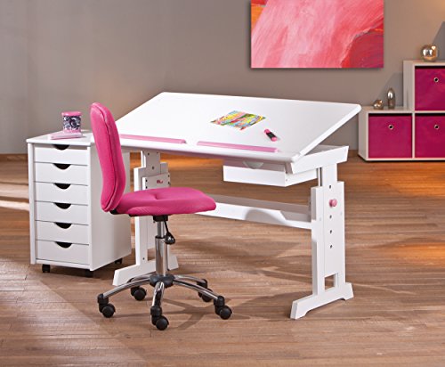 Inter Link 40100500 Baru - Escritorio Infantil (Tablero de Madera, Altura e Inclinación Regulables, 1 Cajón, 109 x 63-96 x 55 cm), Modelo Surtido - Accesorios en Color Blanco, Rosa y Azul