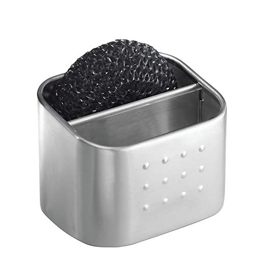 InterDesign Forma Organizador de cocina para fregadero, jabonera pequeña con porta estropajo en acero inoxidable, plateado