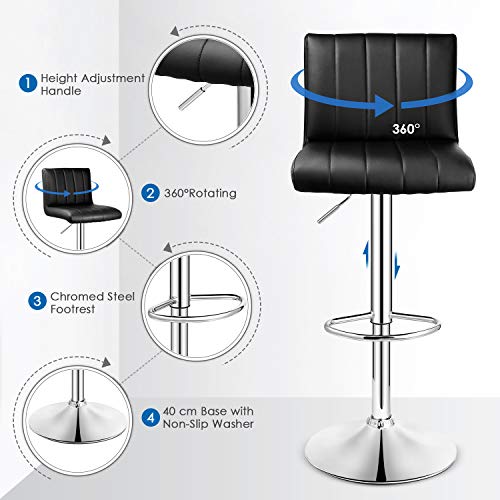 INTEY 2 x Taburete de Bar, Taburetes de Bar Regulable PU, 360°Giratorio y 21cm Altura Ajustable, 130 KG Estable Reposapiés y Base - Negro