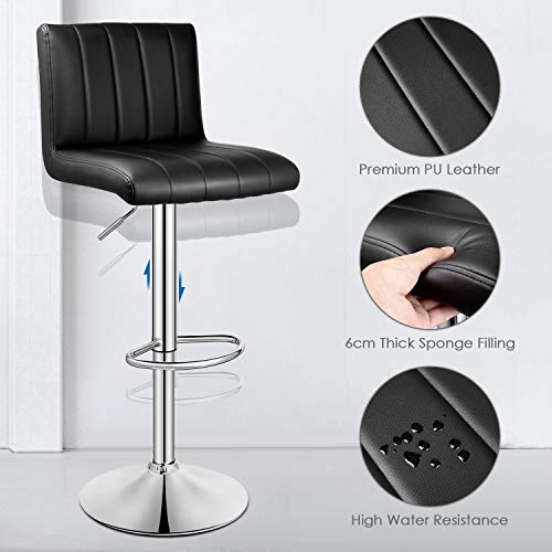 INTEY 2 x Taburete de Bar, Taburetes de Bar Regulable PU, 360°Giratorio y 21cm Altura Ajustable, 130 KG Estable Reposapiés y Base - Negro