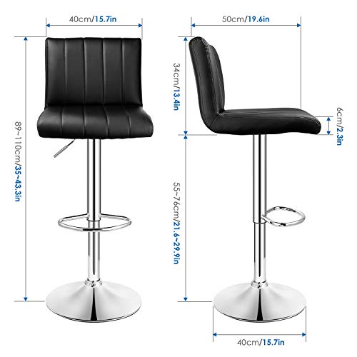 INTEY 2 x Taburete de Bar, Taburetes de Bar Regulable PU, 360°Giratorio y 21cm Altura Ajustable, 130 KG Estable Reposapiés y Base - Negro