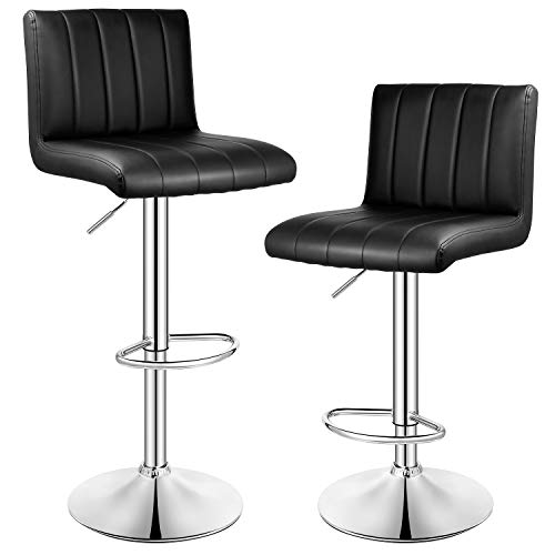 INTEY 2 x Taburete de Bar, Taburetes de Bar Regulable PU, 360°Giratorio y 21cm Altura Ajustable, 130 KG Estable Reposapiés y Base - Negro