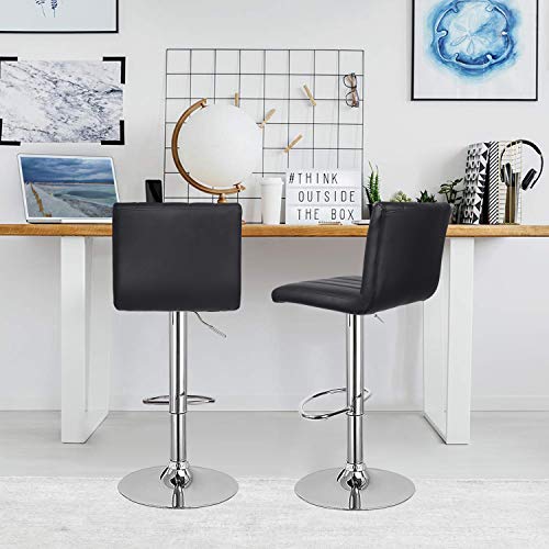 INTEY 2 x Taburete de Bar, Taburetes de Bar Regulable PU, 360°Giratorio y 21cm Altura Ajustable, 130 KG Estable Reposapiés y Base - Negro