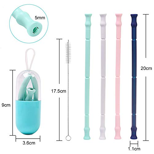 INTVN Pajitas de Silicona Plegables Reutilizables, Juego de Tubos para Beber, Estuche y Cepillo de Limpieza, fácil de Limpiar, para niños y Adultos, Paquete de 4, Compatible con Viaje