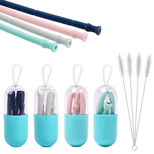 INTVN Pajitas de Silicona Plegables Reutilizables, Juego de Tubos para Beber, Estuche y Cepillo de Limpieza, fácil de Limpiar, para niños y Adultos, Paquete de 4, Compatible con Viaje