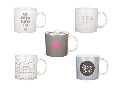 Invero - Juego de 5 tazas de gres grandes (540 ml) con mensajes divertidos decorativos impresos, ideales para bebidas calientes, té de la tarde, café, latte, chocolate caliente y más