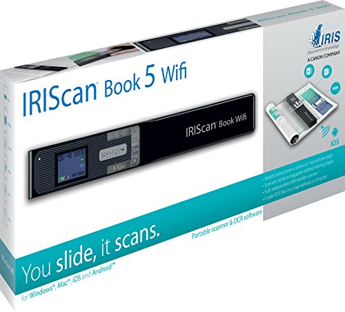 IRIS IRIScan Book 5 WIFI - Escáner portátil libros y revistas, batería, 1200 ppp, WIFI, USB, Pantalla a color, JPG/PDF/PDF convierte texto a voz, Negro