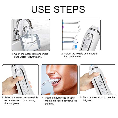 Irrigador Bucal Profesional Portátil con 6 Boquillas 5 Modos 300ML Irrigadores Dentales IPX7 Impermeable Limpieza Dental para Ortodoncia, Placa, Implantes Limpieza en Casa/Viaje (Blanco)