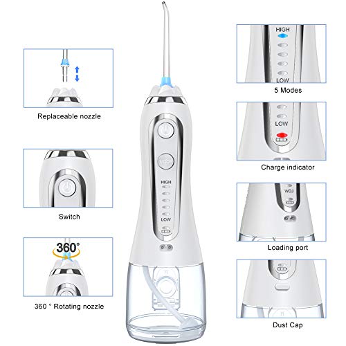 Irrigador Bucal Profesional Portátil con 6 Boquillas 5 Modos 300ML Irrigadores Dentales IPX7 Impermeable Limpieza Dental para Ortodoncia, Placa, Implantes Limpieza en Casa/Viaje (Blanco)