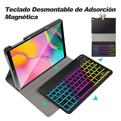 IVSO Español Teclado para Samsung Galaxy Tab A 10.1 2019, Protector de Pantalla para Samsung Galaxy Tab A 10.1 T510/T515 2019, Funda con 7 Colores Retroiluminado Wireless Teclado con Ñ, Negro