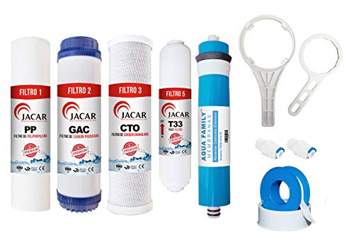 Jacar - Kit de Osmosis Inversa 5 etapas | Recambios Depuradores de Agua para Grifos | Incluye Teflón Terminales LLave y Membrana Aquafamily