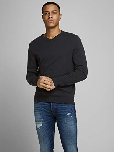 Jack & Jones Jjebasic Knit V-Neck Noos suéter, Negro (Black Black), Large para Hombre