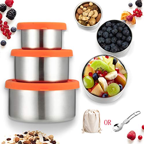 Janolia 3pcs Fiambrera Ecológica, Recipientes de Acero Inoxidable 304 y Silicona, Contenedores Seguros y Sanitarios Reciclados, Recipiente de Merienda Apilable con Una Bolsa o Cuchara al Azar