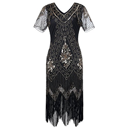 JaosWish Fancy Dress Gatsby 1920 aleta de las mujeres del vestido de lentejuelas de la vendimia de la franja de moldeado del Art Deco con la manga de Prom Party