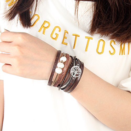 JAOYU Pulsera de cuero para mujeres Pulseras de perlas para niñas Pulsera de puño Joyería hecha a mano - Hermana, Regalos de madre - con hebilla de aleación