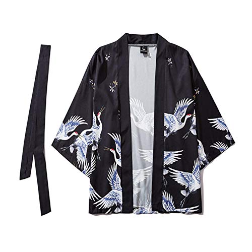 Japonés Retro Étnica Kimono Grúa con Guarnición Abierta Bata Camino De La Correa Y De La Capa De Las Mujeres Y Los Hombres Chaqueta Negro Hyococ (Color : Black, Size : M)