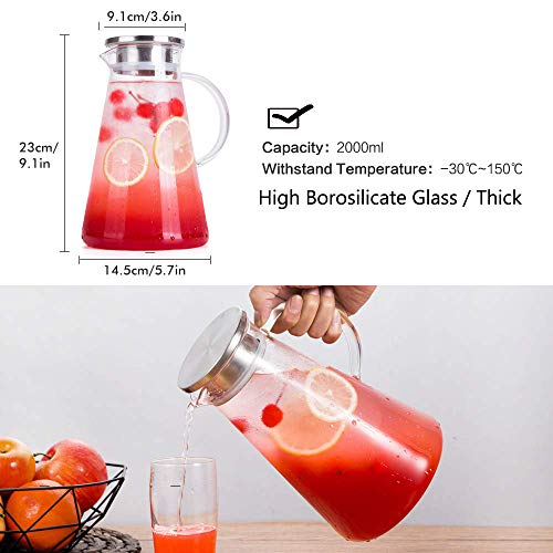Jarras de Cristal,Wisolt 2L Botella de Vidrio con Filtro de Aluminio, Jarra de Vidrio con Tapa Jarra de Té Helado Jarra de Agua Agua Fría Caliente Té Helado café Vino Leche y Jarra de Bebidas de Jugo