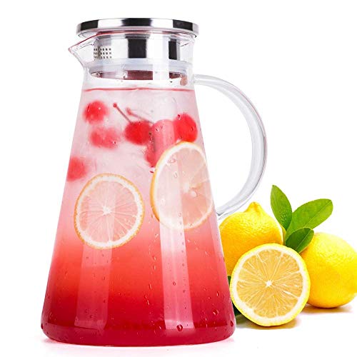 Jarras de Cristal,Wisolt 2L Botella de Vidrio con Filtro de Aluminio, Jarra de Vidrio con Tapa Jarra de Té Helado Jarra de Agua Agua Fría Caliente Té Helado café Vino Leche y Jarra de Bebidas de Jugo