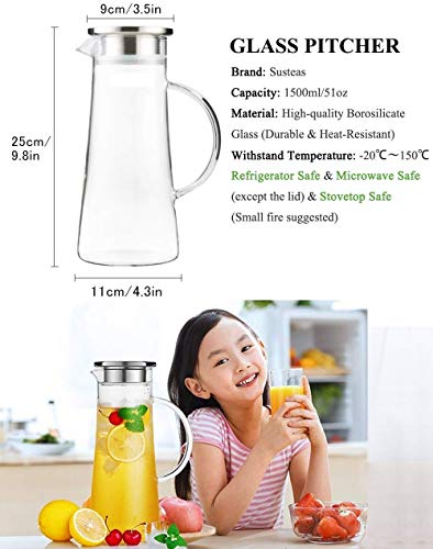Jarras de vidrio para agua, jarra de agua de vidrio para agua fría, zumo, té y café, 50 onzas, 1,5 l