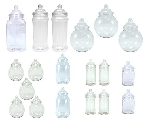 JARROS PLÁSTICOS. PAQUETE DE 19 DE PLÁSTICO TRANSPARENTE DE frascos vacíos tamaños surtidos con decoración de estilo victoriano TAPAS de Britten y James®.