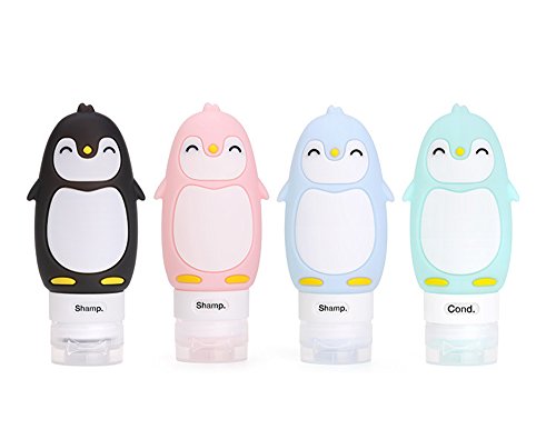 JasCherry Pingüino Botella Portátil de Viaje de Silicona - Contenedores para Champú, Bálsamo, Crema de Baño, Loción etc - 4 Pzs / 90 ml