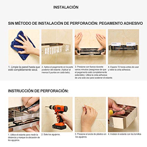 Jaysamay 2Piezas Pegamento Sin Necesidad de Taladrar Estante Ducha, Estantería de Ducha Adhesivo Estante de Almacenamiento Baño Acero Inoxidable 304 Cesta de Ducha para Champú (Rectángulo Estantería)