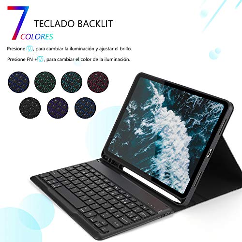 Jelly Comb Funda con Teclado Español para iPad 10.2 2019 y 2020/ iPad Air 3 10.5 2019/iPad Pro 10.5 2017, Teclado Desmontable retroiluminado de 7 Colores Funda Protectora para iPad 7ª/8ª Generación