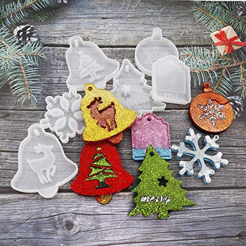 JEMESI 6Pack Moldes Resina DIY Silicona Epoxi Moldes Resina para Copo de Nieve/Copos de Nieve Circular/árbol de Navidad, Alce, Moldes Montaje de Love