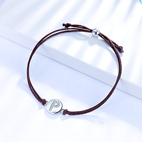 J.Endéar Pulsera Forma de Inicial P, Plata de Ley 925 Circonita Cúbica Pulseras Iniciales, Regalo de Amistad 24cm Trenzado Hecho a Mano Ajustable