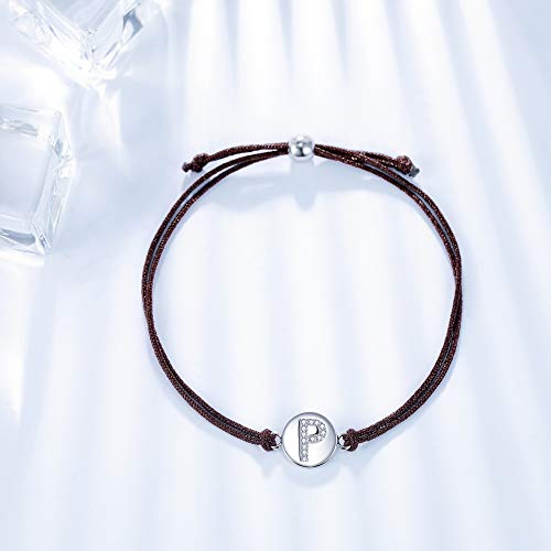 J.Endéar Pulsera Forma de Inicial P, Plata de Ley 925 Circonita Cúbica Pulseras Iniciales, Regalo de Amistad 24cm Trenzado Hecho a Mano Ajustable