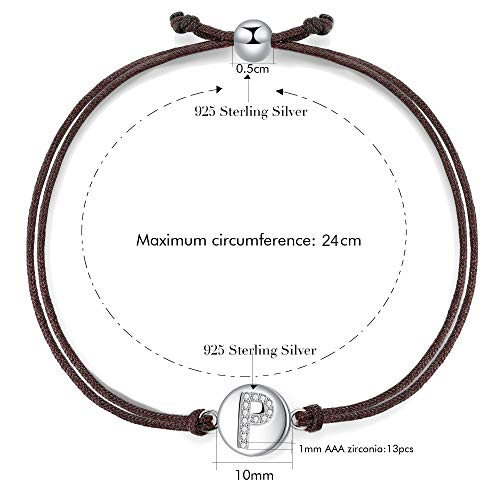 J.Endéar Pulsera Forma de Inicial P, Plata de Ley 925 Circonita Cúbica Pulseras Iniciales, Regalo de Amistad 24cm Trenzado Hecho a Mano Ajustable