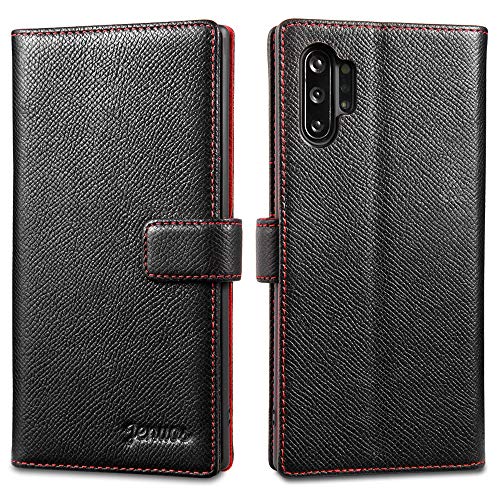 Jenuos Funda Samsung Note 10 Plus/Note 10+ 5G, Funda Libro de Cuero Genuino con Tapa Cartera Tarjetas y Cierre Magnético Soporte Protección Carcasa para Samsung Galaxy Note 10 Plus-Negro(N10P-EG-BK)