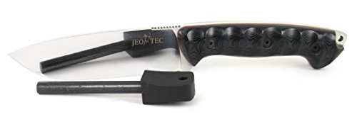JEO-TEC Nº31 Cuchillo Supervivencia Caza Monte bushcraft Camping Outdoor Campo - Funda de Piel con pedernal - Acero Mova-58 - Fabricado en España