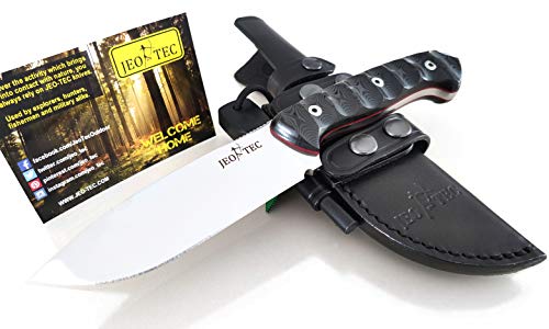 JEO-TEC Nº31 Cuchillo Supervivencia Caza Monte bushcraft Camping Outdoor Campo - Funda de Piel con pedernal - Acero Mova-58 - Fabricado en España