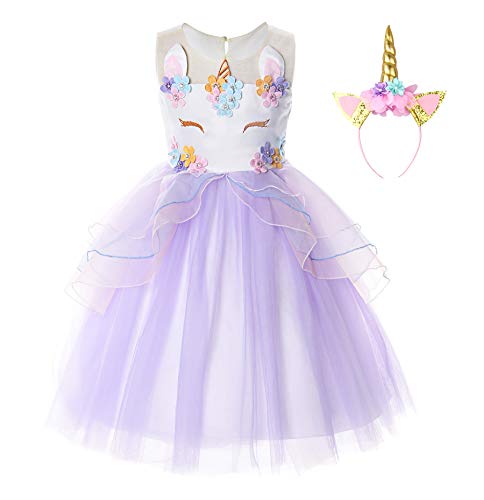 JerrisApparel Disfraz Unicornio Niña Volantes Flor Boda Partido Princesa Vestido (7-8 años, Lila)