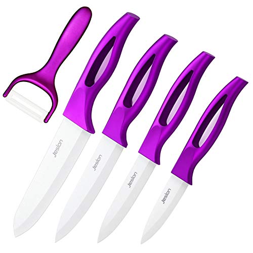 Jeslon cuchillos de cocina de cerámica, 5 piezas cuchillo de cocina profesional conjunto con chaquetas de protección cuchillos de cerámica ligeros incluir 4 cuchillos de cerámica 1 pelador