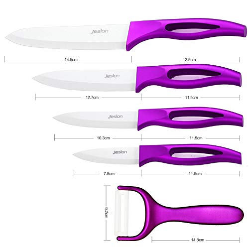 Jeslon cuchillos de cocina de cerámica, 5 piezas cuchillo de cocina profesional conjunto con chaquetas de protección cuchillos de cerámica ligeros incluir 4 cuchillos de cerámica 1 pelador