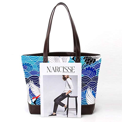 Jessgirl Bolsos de cuero de lona a la moda para mujer, bolso de mano con asa superior, bolso de mano para mujer, bolsos de trabajo, pájaros japoneses, grúa y garza