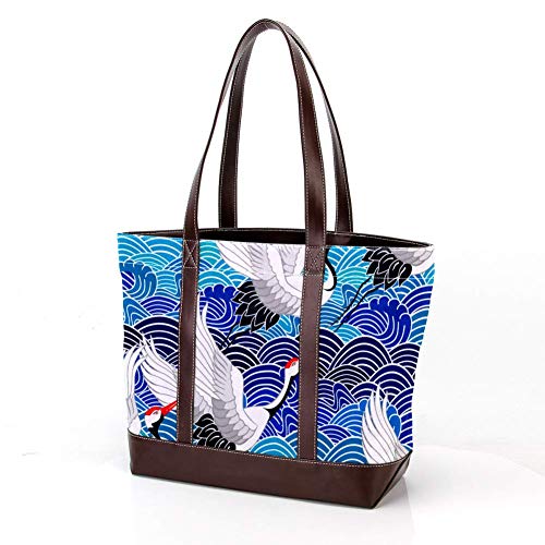 Jessgirl Bolsos de cuero de lona a la moda para mujer, bolso de mano con asa superior, bolso de mano para mujer, bolsos de trabajo, pájaros japoneses, grúa y garza