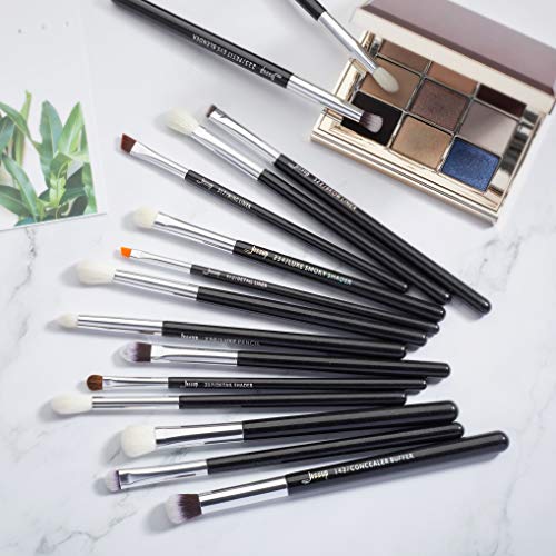 Jessup juego de 15 pinceles profesionales de maquillaje, herramientas cosméticas, para pestañas, sombras, mango de madera, cepillos sintéticos, color perla/negro/plata T177