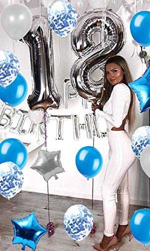 JeVenis 36 PCS Silver Blue 18th Birthday Decorations Party Supplies 18 Globos de cumpleaños Happy Birthday Balloon