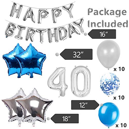 JeVenis 36 PCS Silver Blue 40th Birthday Decorations Artículos de Fiesta 40 Globos de cumpleaños Happy Birthday Balloon 40 Decoraciones de cumpleaños