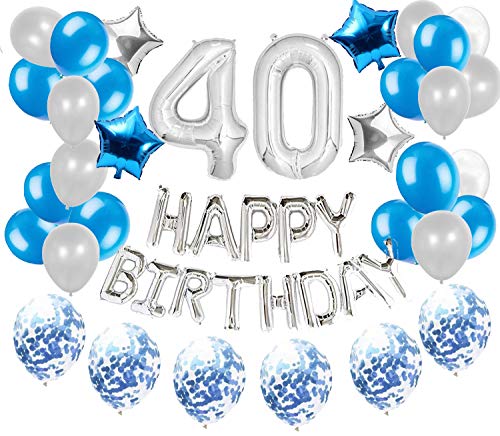 JeVenis 36 PCS Silver Blue 40th Birthday Decorations Artículos de Fiesta 40 Globos de cumpleaños Happy Birthday Balloon 40 Decoraciones de cumpleaños