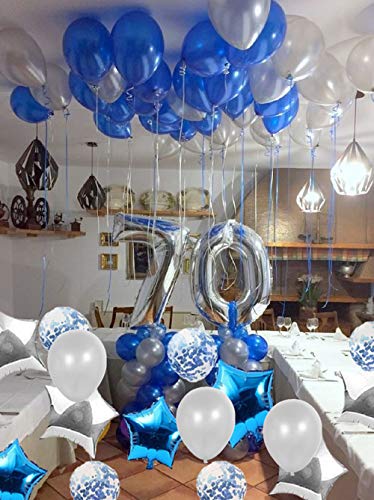 JeVenis 36 PCS Silver Blue 70th Birthday Decorations Artículos de Fiesta 70 Globos de cumpleaños Happy Birthday Balloon Banner 70 Decoraciones de cumpleaños
