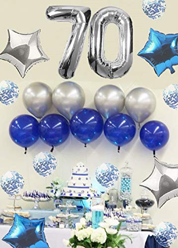 JeVenis 36 PCS Silver Blue 70th Birthday Decorations Artículos de Fiesta 70 Globos de cumpleaños Happy Birthday Balloon Banner 70 Decoraciones de cumpleaños
