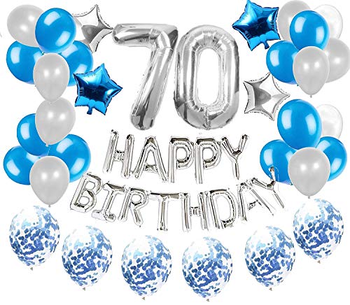 JeVenis 36 PCS Silver Blue 70th Birthday Decorations Artículos de Fiesta 70 Globos de cumpleaños Happy Birthday Balloon Banner 70 Decoraciones de cumpleaños